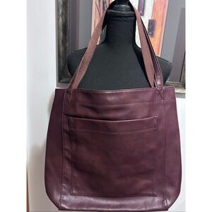 Retro Large Capacity Tote Shoulder Bag Burgundy Large Front Pocket Faux Leather